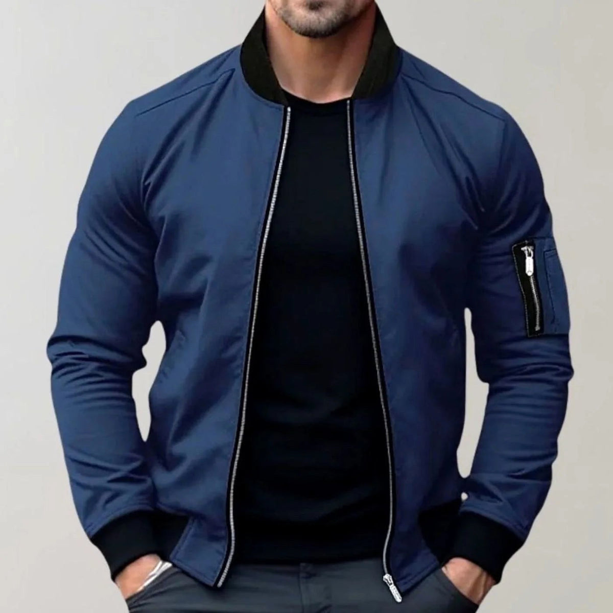 Liam | Men's Slim-Fit Bomber Jacket, Ribbed Collar Jacket | Bella Blue | Blue