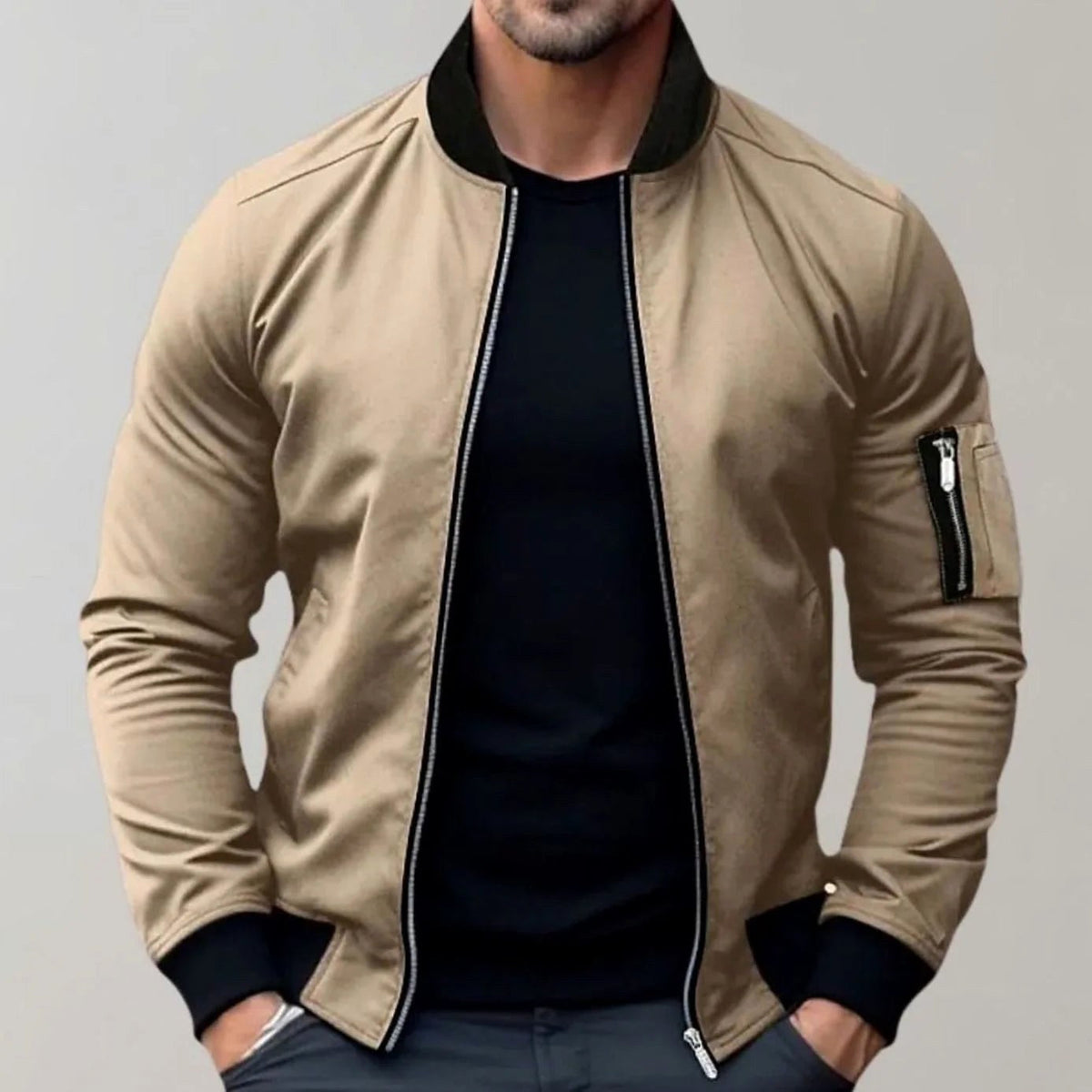 Liam | Men's Slim-Fit Bomber Jacket, Ribbed Collar Jacket | Bella Blue | Khaki