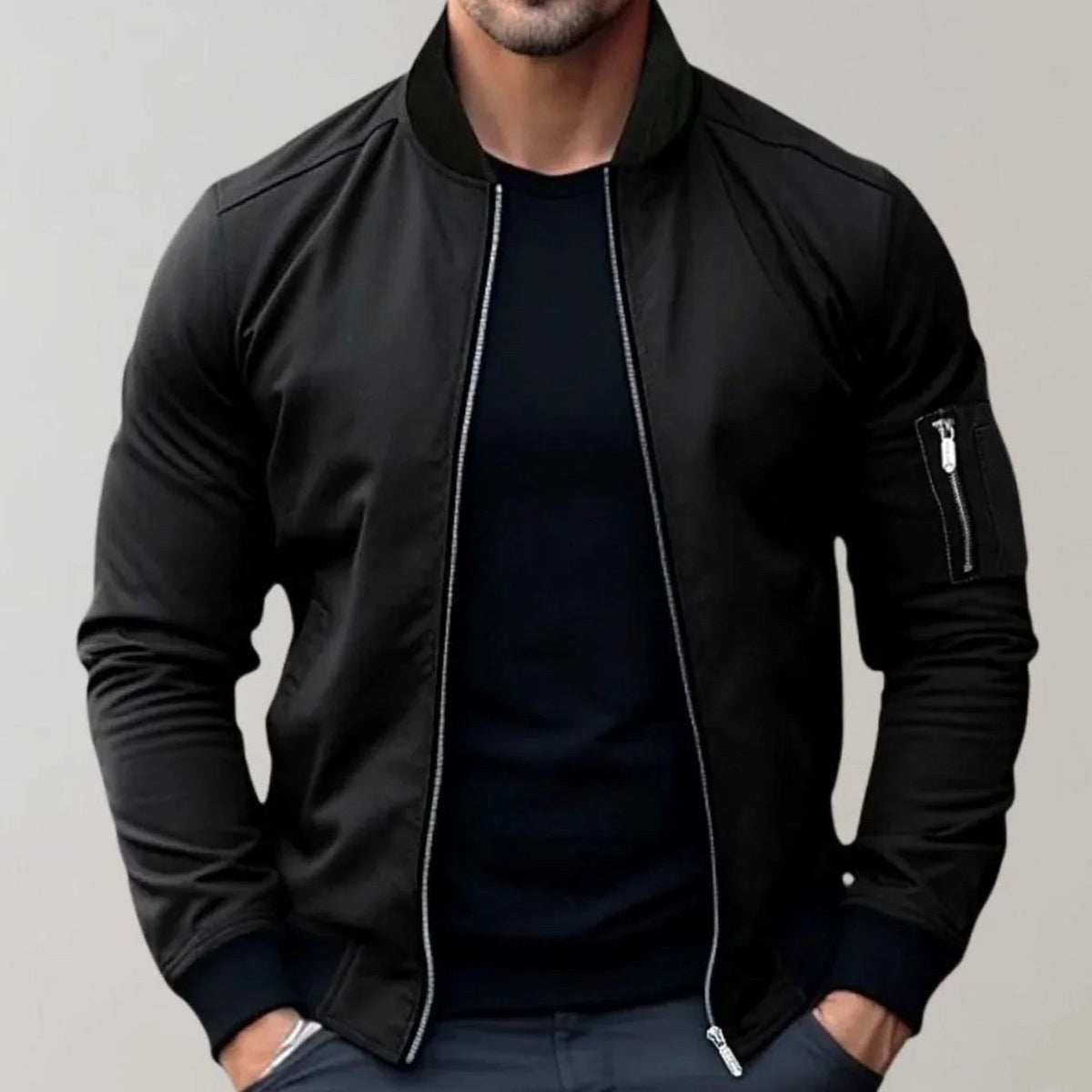Liam | Men's Slim-Fit Bomber Jacket, Ribbed Collar Jacket | Bella Blue | Black