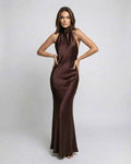 Lily | Women's Brown Halter Maxi Dress, Open-Back Evening Dress | Bella Blue