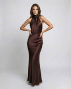 Lily | Women's Brown Halter Maxi Dress, Open-Back Evening Dress | Bella Blue