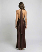 Lily | Women's Brown Halter Maxi Dress, Open-Back Evening Dress | Bella Blue