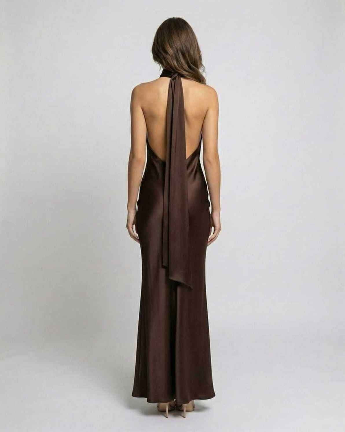Lily | Women's Brown Halter Maxi Dress, Open-Back Evening Dress | Bella Blue