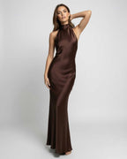 Lily | Women's Brown Halter Maxi Dress, Open-Back Evening Dress | Bella Blue