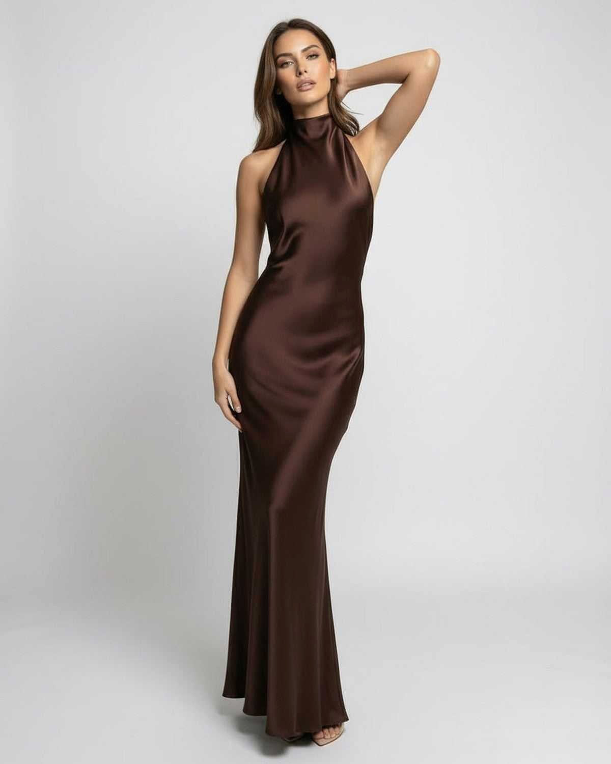 Lily | Women's Brown Halter Maxi Dress, Open-Back Evening Dress | Bella Blue