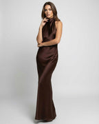 Lily | Women's Brown Halter Maxi Dress, Open-Back Evening Dress | Bella Blue
