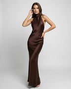 Lily | Women's Brown Halter Maxi Dress, Open-Back Evening Dress | Bella Blue