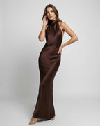 Lily | Women's Brown Halter Maxi Dress, Open-Back Evening Dress | Bella Blue