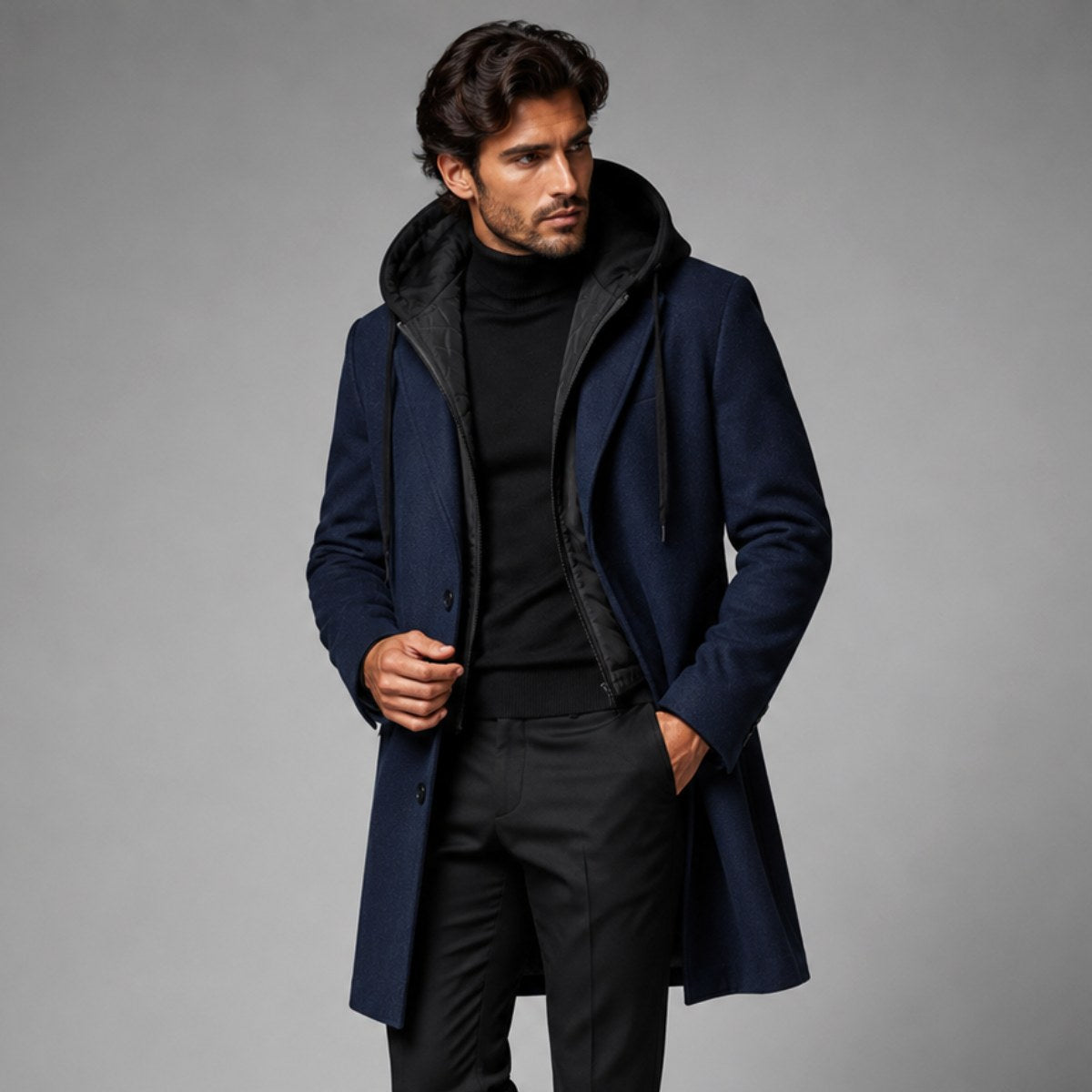 Lincoln | Men's Hooded Wool Overcoat, Quilted Lining Autumn Coat | Bella Blue