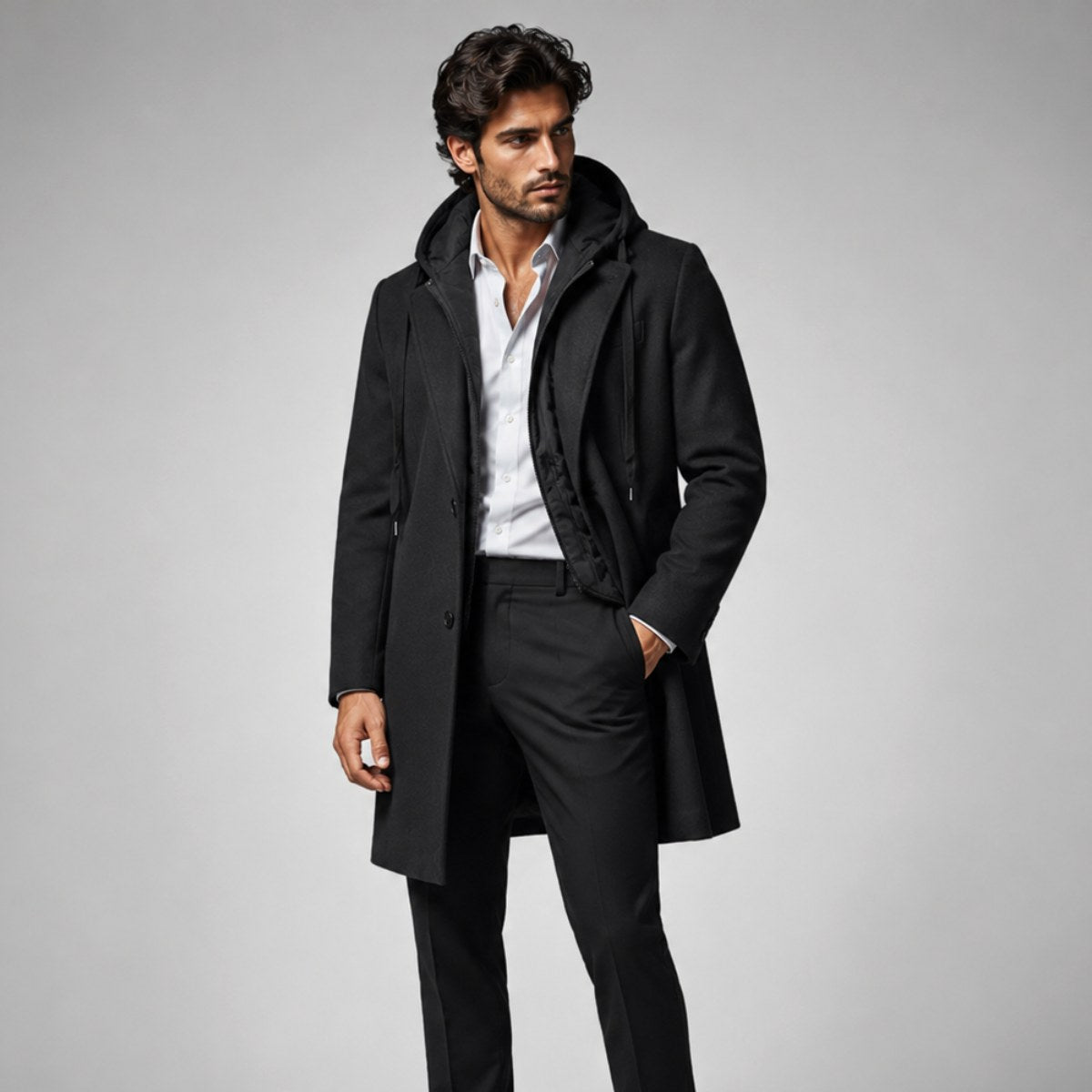 Lincoln | Men's Hooded Wool Overcoat, Quilted Lining Autumn Coat | Bella Blue
