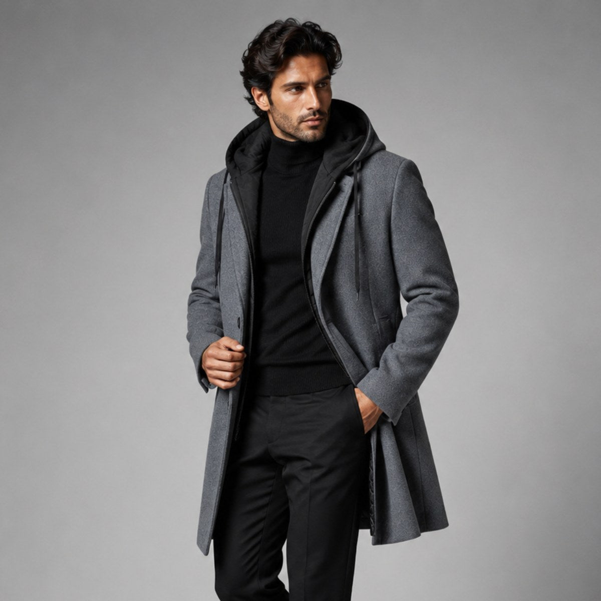 Lincoln | Men's Hooded Wool Overcoat, Quilted Lining Autumn Coat | Bella Blue