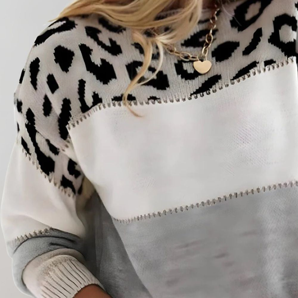 Linda | Women's Soft Knit Jumper with Colour-Block and Leopard Print, Patterned Knit Jumper | Bella Blue