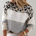 Linda | Women's Soft Knit Jumper with Colour-Block and Leopard Print, Patterned Knit Jumper | Bella Blue