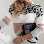 Linda | Women's Soft Knit Jumper with Colour-Block and Leopard Print, Patterned Knit Jumper | Bella Blue