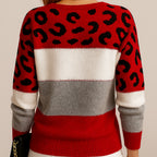 Linda | Women's Soft Knit Jumper with Colour-Block and Leopard Print, Patterned Knit Jumper | Bella Blue