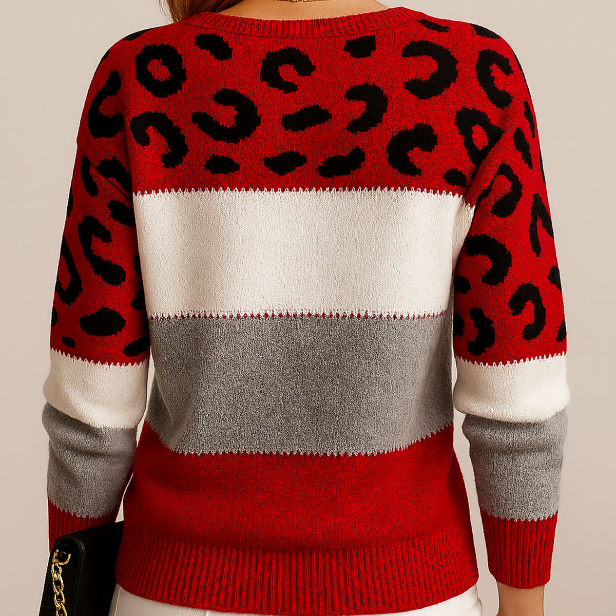 Linda | Women's Soft Knit Jumper with Colour-Block and Leopard Print, Patterned Knit Jumper | Bella Blue