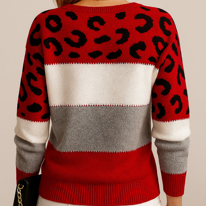 Linda | Women's Soft Knit Jumper with Colour-Block and Leopard Print, Patterned Knit Jumper | Bella Blue