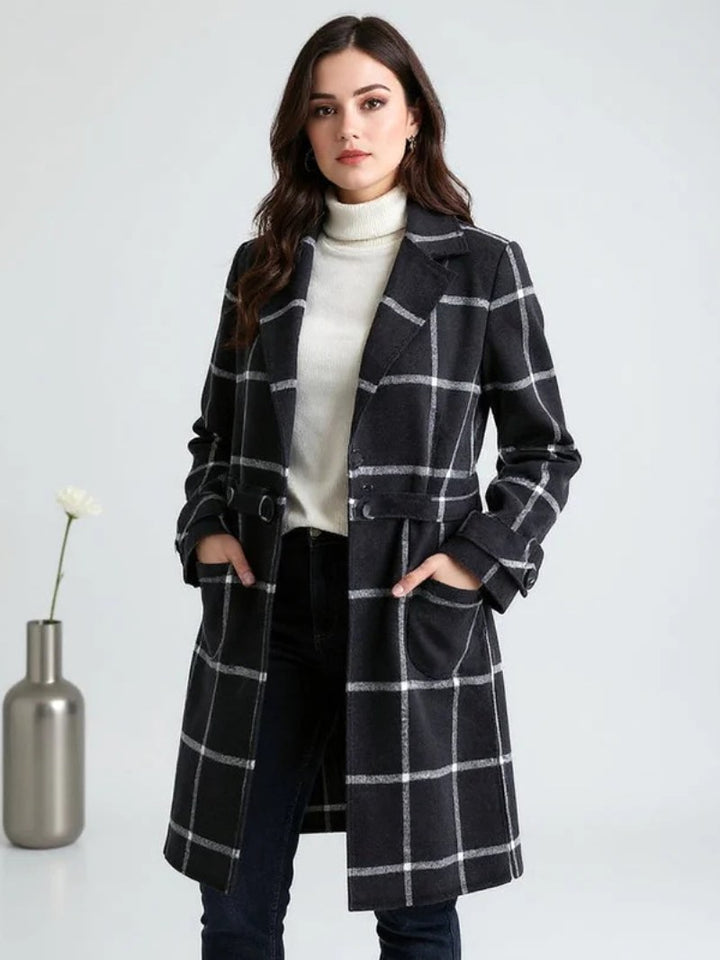 Lison | Women's Checked Wool Coat, Tailored Autumn Coat | Bella Blue