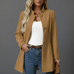 Lorraine | Women's Button Front A-Line Coat, Stand Collar Autumn Coat | Bella Blue | Camel