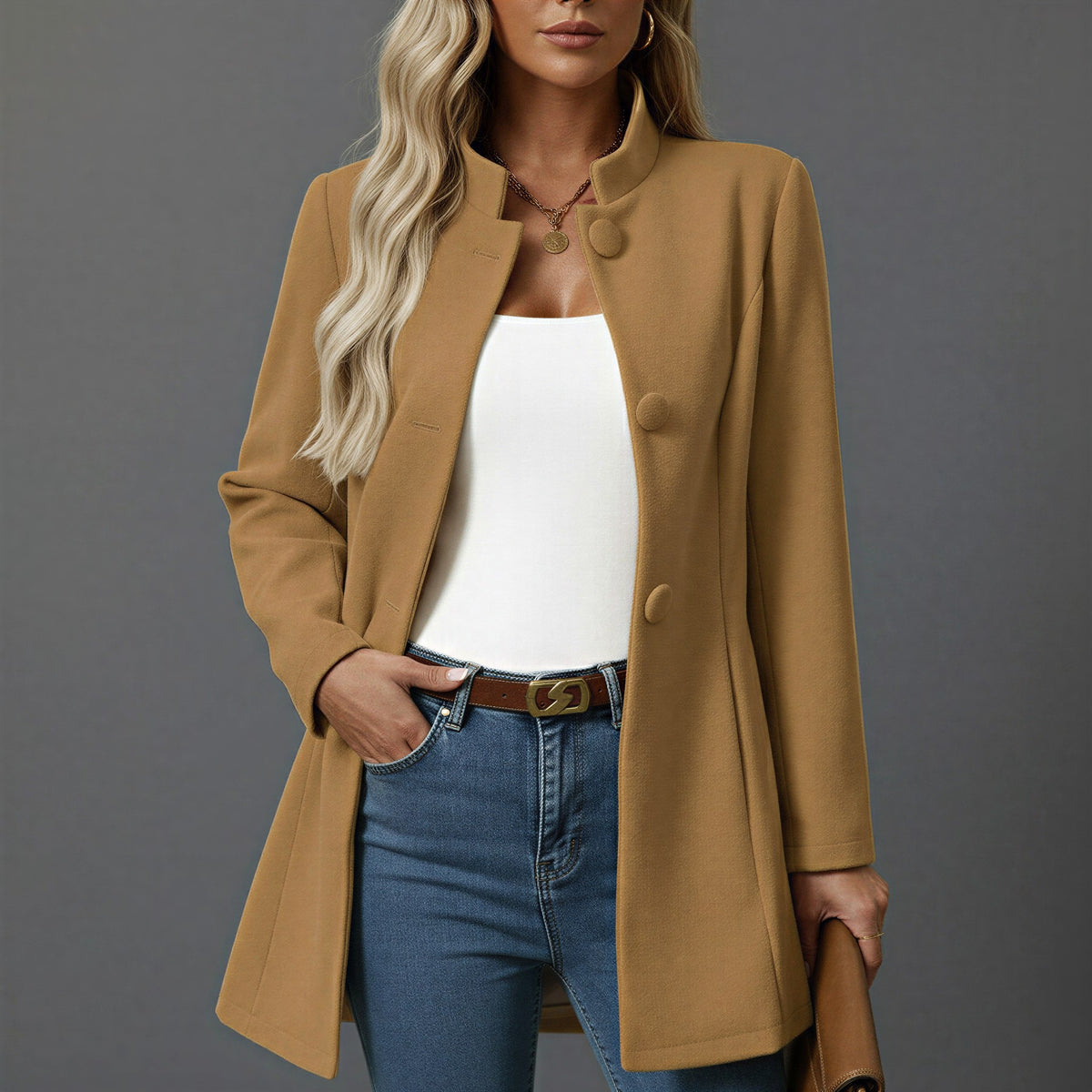 Lorraine | Women's Button Front A-Line Coat, Stand Collar Autumn Coat | Bella Blue | Camel