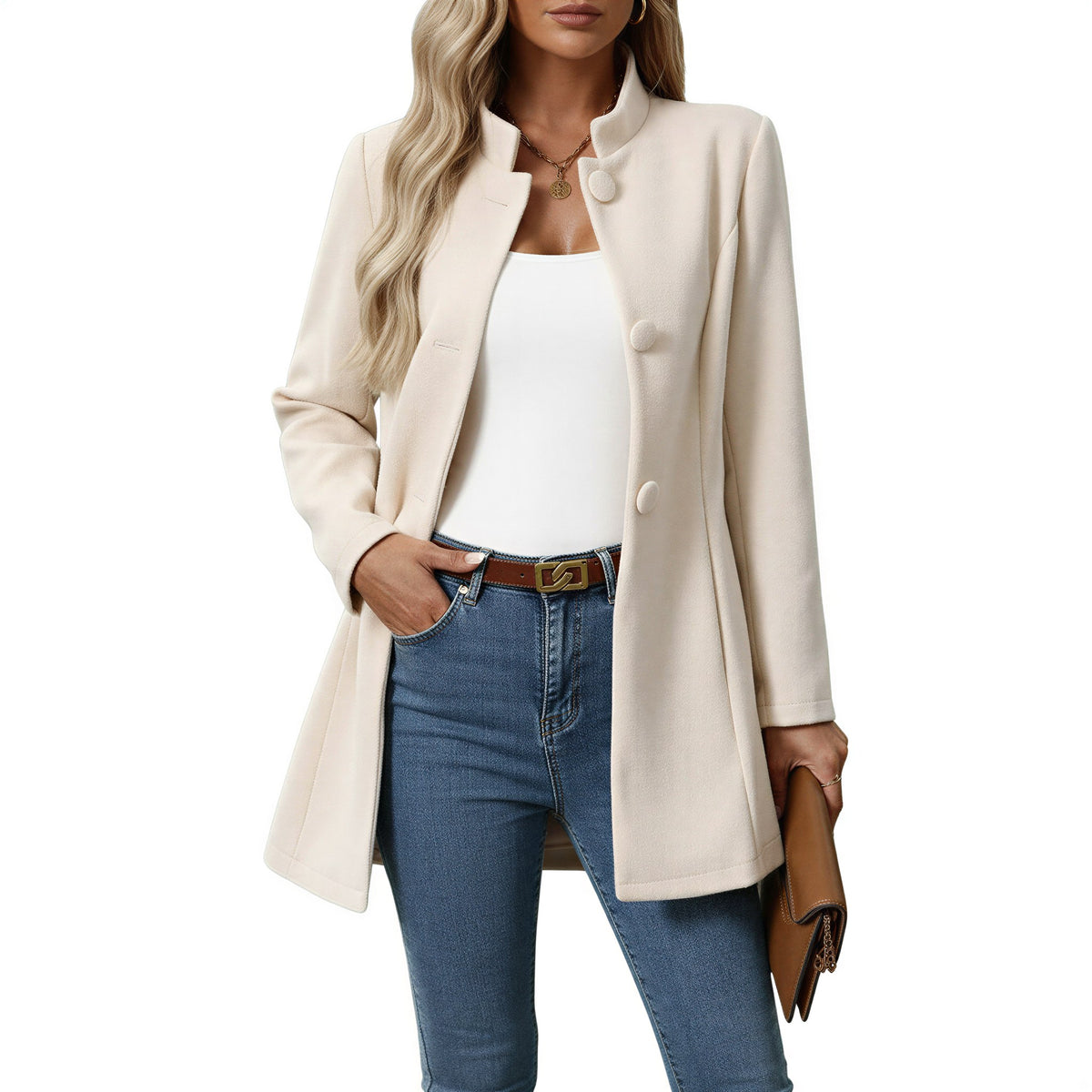 Lorraine | Women's Button Front A-Line Coat, Stand Collar Autumn Coat | Bella Blue | Cream