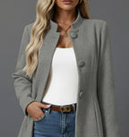 Lorraine | Women's Button Front A-Line Coat, Stand Collar Autumn Coat | Bella Blue