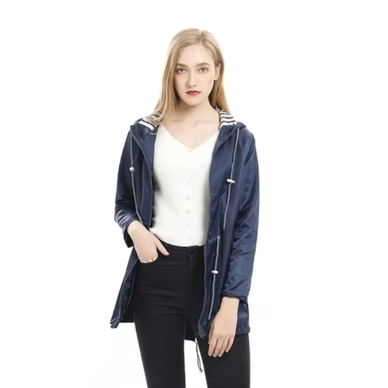 Lorraine | Women's Hooded Lightweight Raincoat, Water-Resistant Windproof Coat | Bella Blue | Red