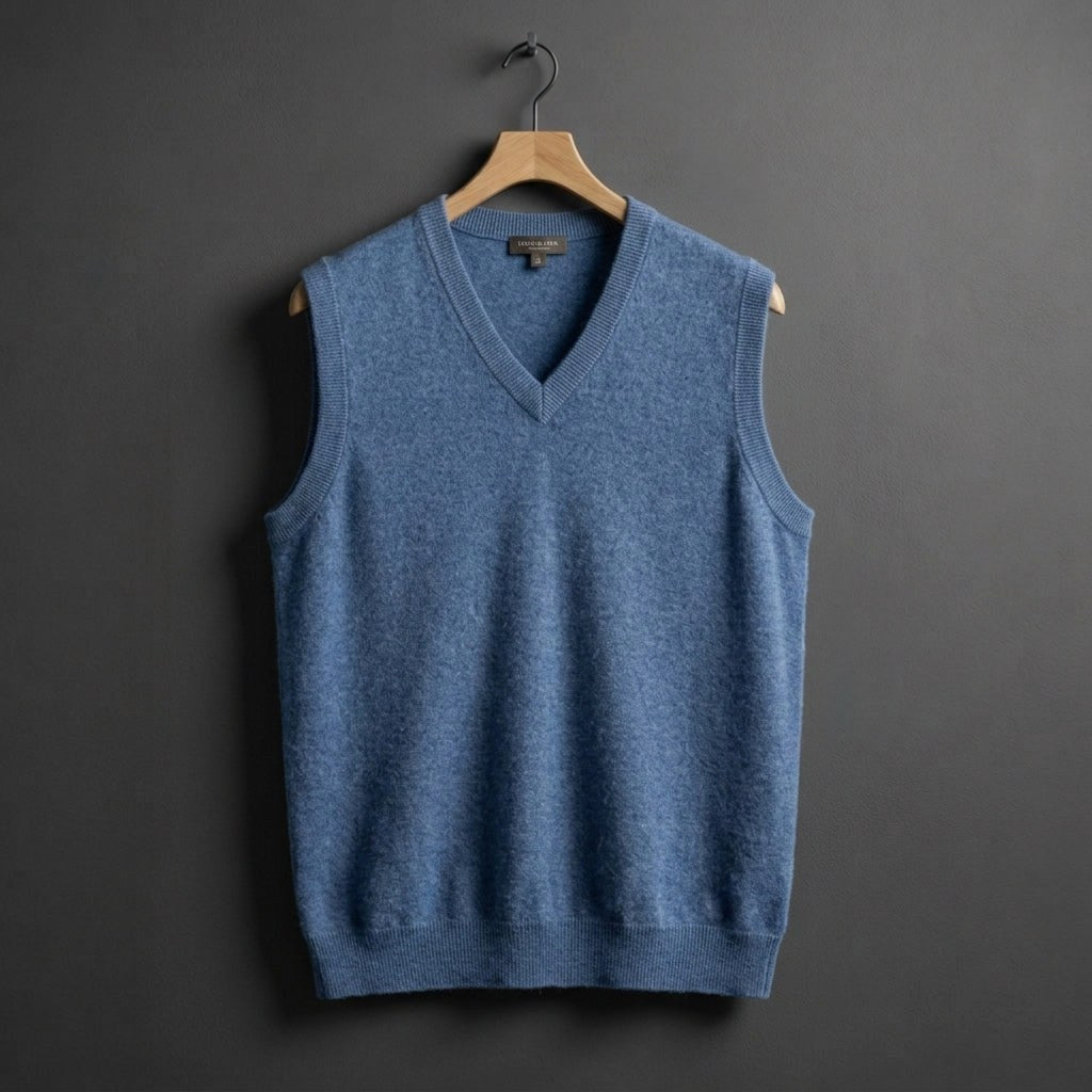 Louis | Men's Cashmere-Blend V-Neck Vest, Layering Jumper | Bella Blue