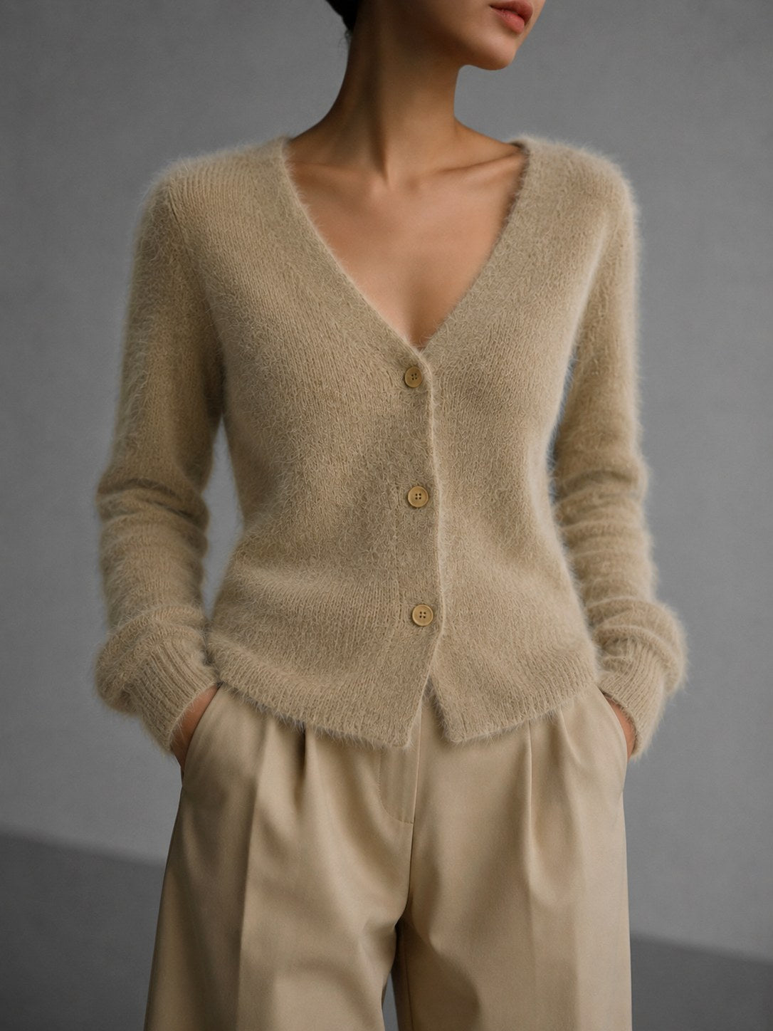 Lucile | Women's Oversized Button-Up Cardigan, Relaxed Knit Cardigan | Bella Blue | Grey