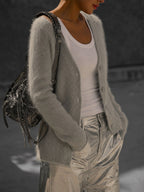 Lucile | Women's Oversized Button-Up Cardigan, Relaxed Knit Cardigan | Bella Blue | White