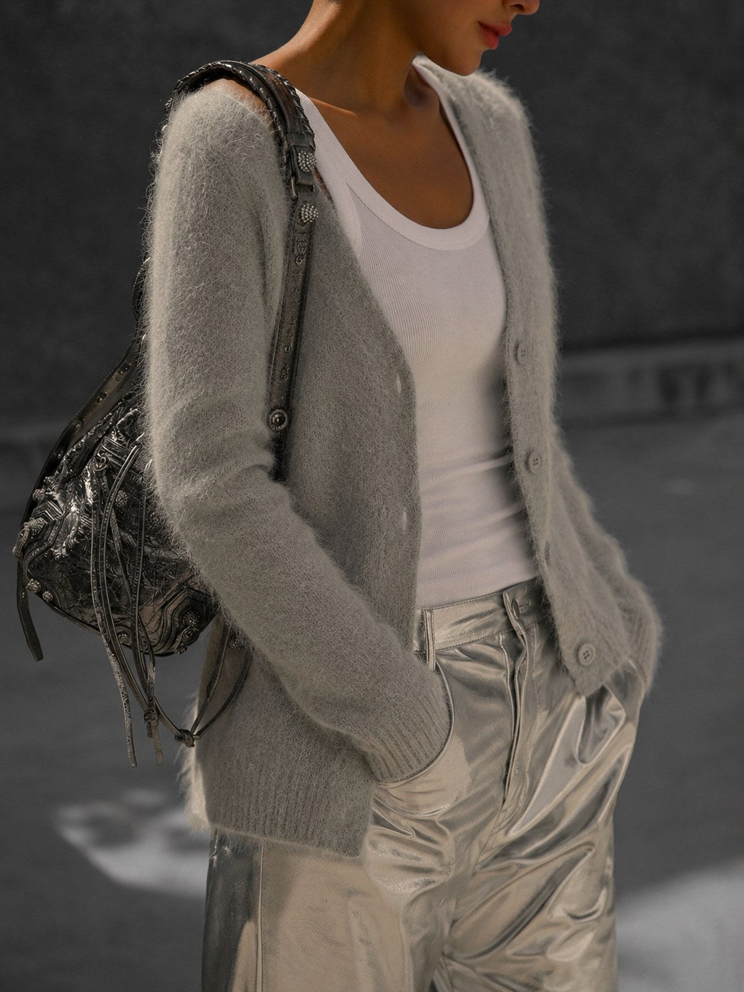 Lucile | Women's Oversized Button-Up Cardigan, Relaxed Knit Cardigan | Bella Blue | White