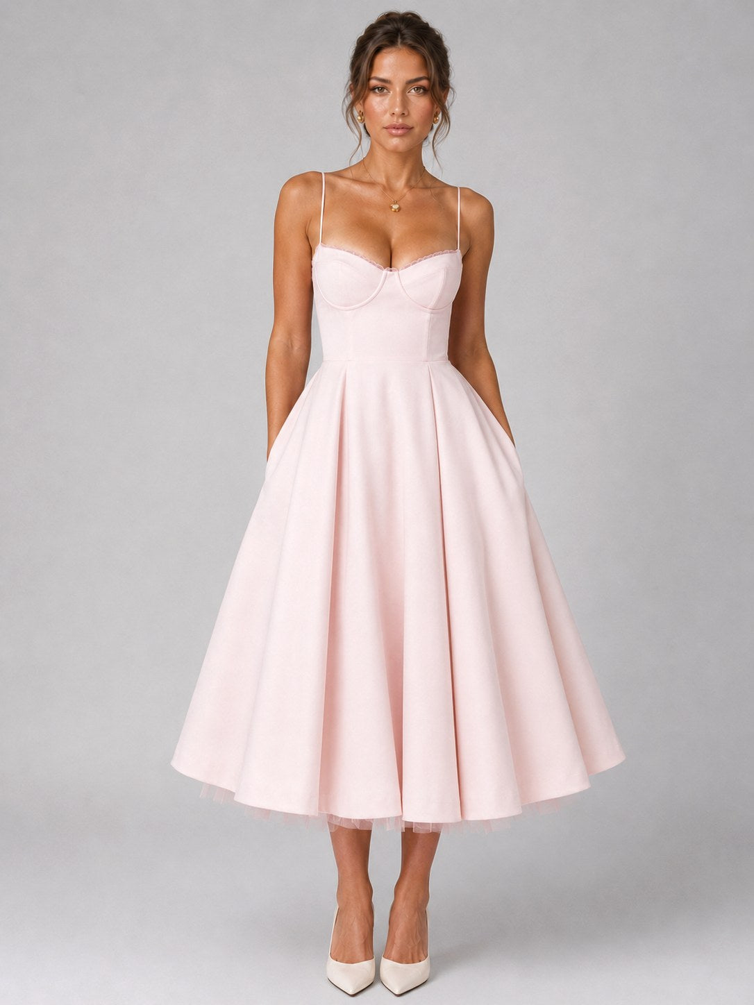 Lucy | Women's Corset Midi Dress with Full Skirt, Sweetheart Neckline Occasion Dress | Bella Blue | Pink