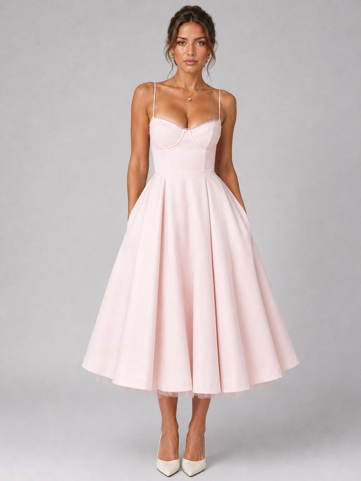 Lucy | Women's Corset Midi Dress with Full Skirt, Sweetheart Neckline Occasion Dress | Bella Blue | Pink