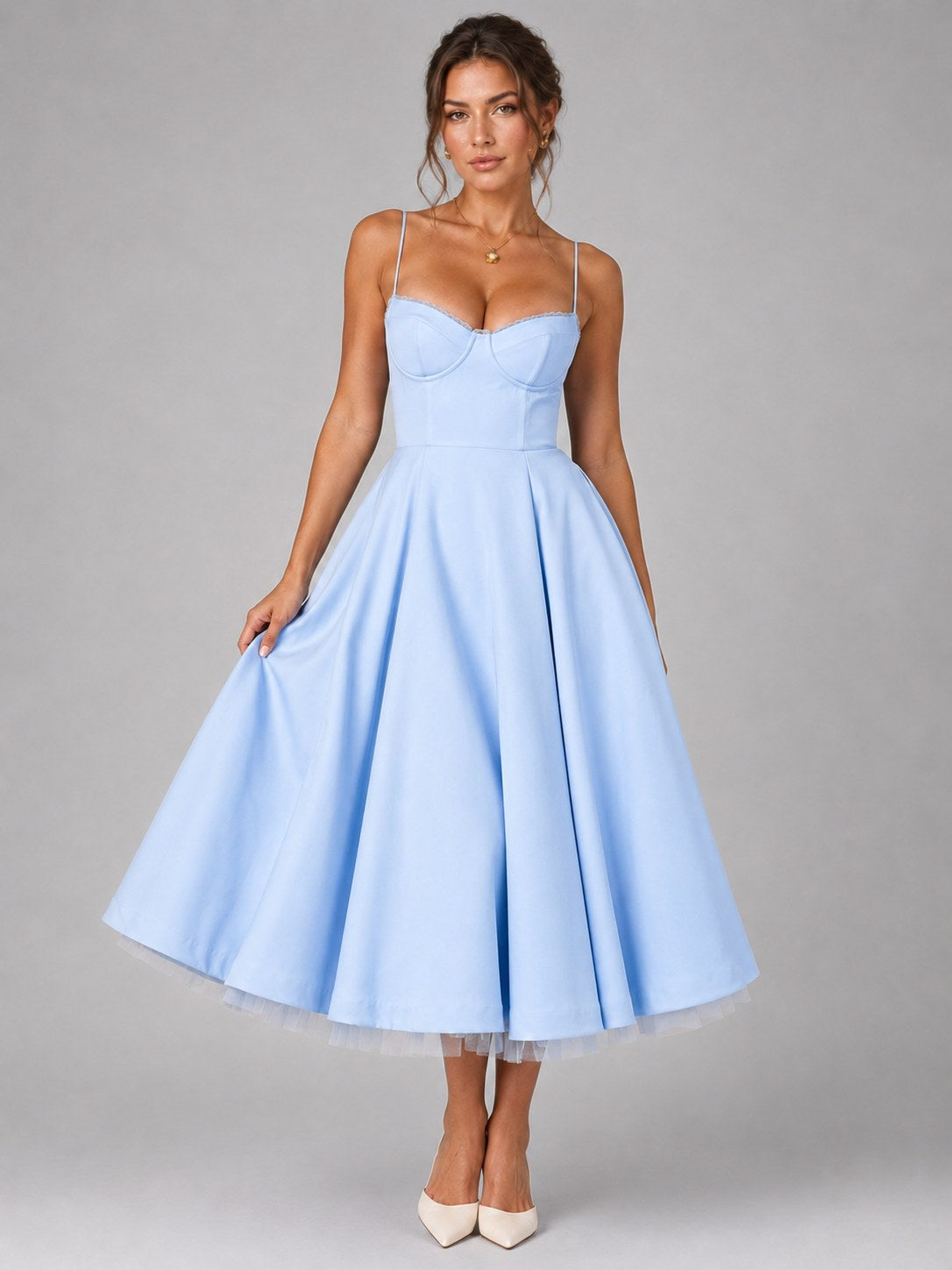 Lucy | Women's Corset Midi Dress with Full Skirt, Sweetheart Neckline Occasion Dress | Bella Blue | White