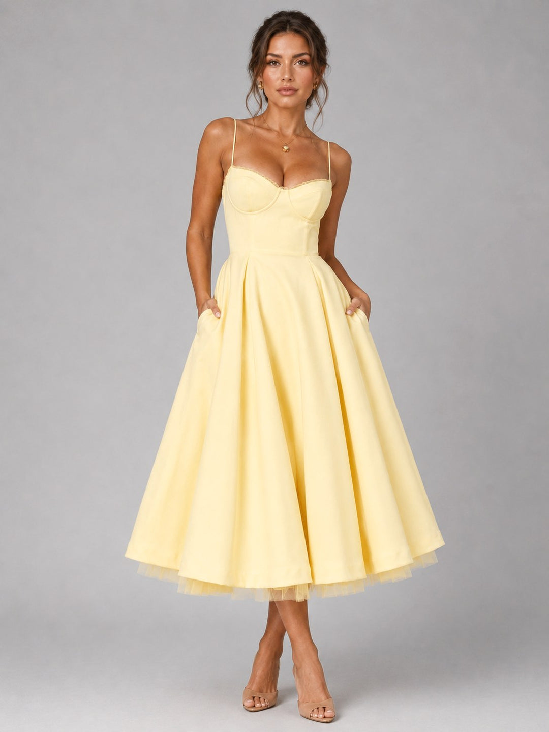 Lucy | Women's Corset Midi Dress with Full Skirt, Sweetheart Neckline Occasion Dress | Bella Blue | Black