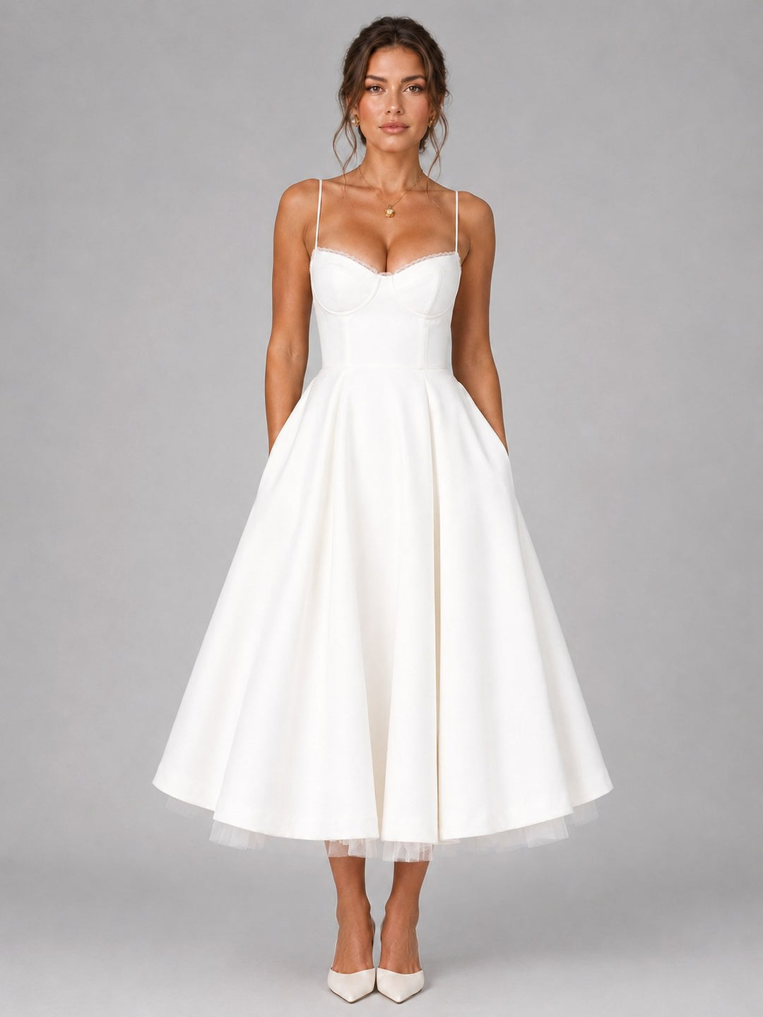 Lucy | Women's Corset Midi Dress with Full Skirt, Sweetheart Neckline Occasion Dress | Bella Blue