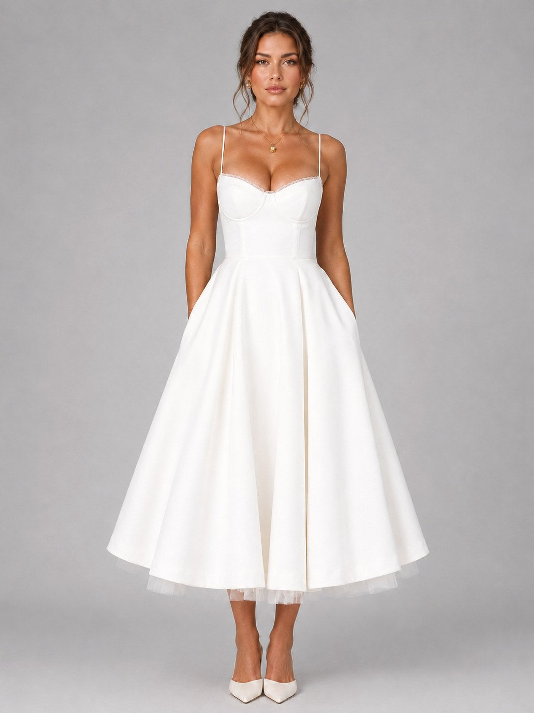 Lucy | Women's Corset Midi Dress with Full Skirt, Sweetheart Neckline Occasion Dress | Bella Blue