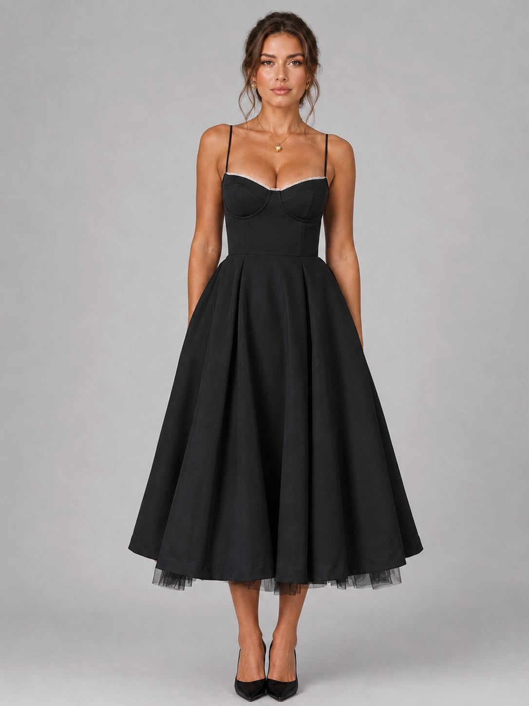 Lucy | Women's Corset Midi Dress with Full Skirt, Sweetheart Neckline Occasion Dress | Bella Blue