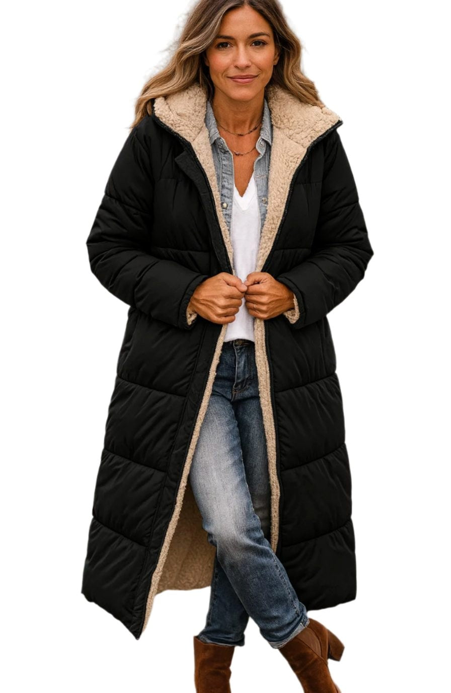 Luisa | Women's Long Hooded Padded Coat, Sherpa-Lined Winter Coat | Bella Blue | Black