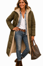 Luisa | Women's Long Hooded Padded Coat, Sherpa-Lined Winter Coat | Bella Blue | Black