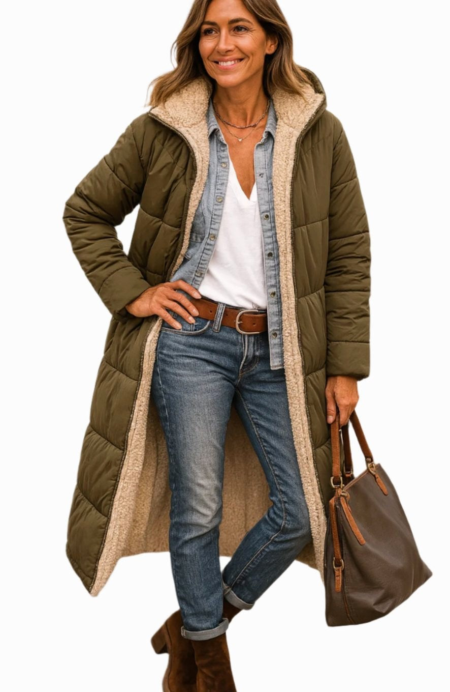 Luisa | Women's Long Hooded Padded Coat, Sherpa-Lined Winter Coat | Bella Blue | Black