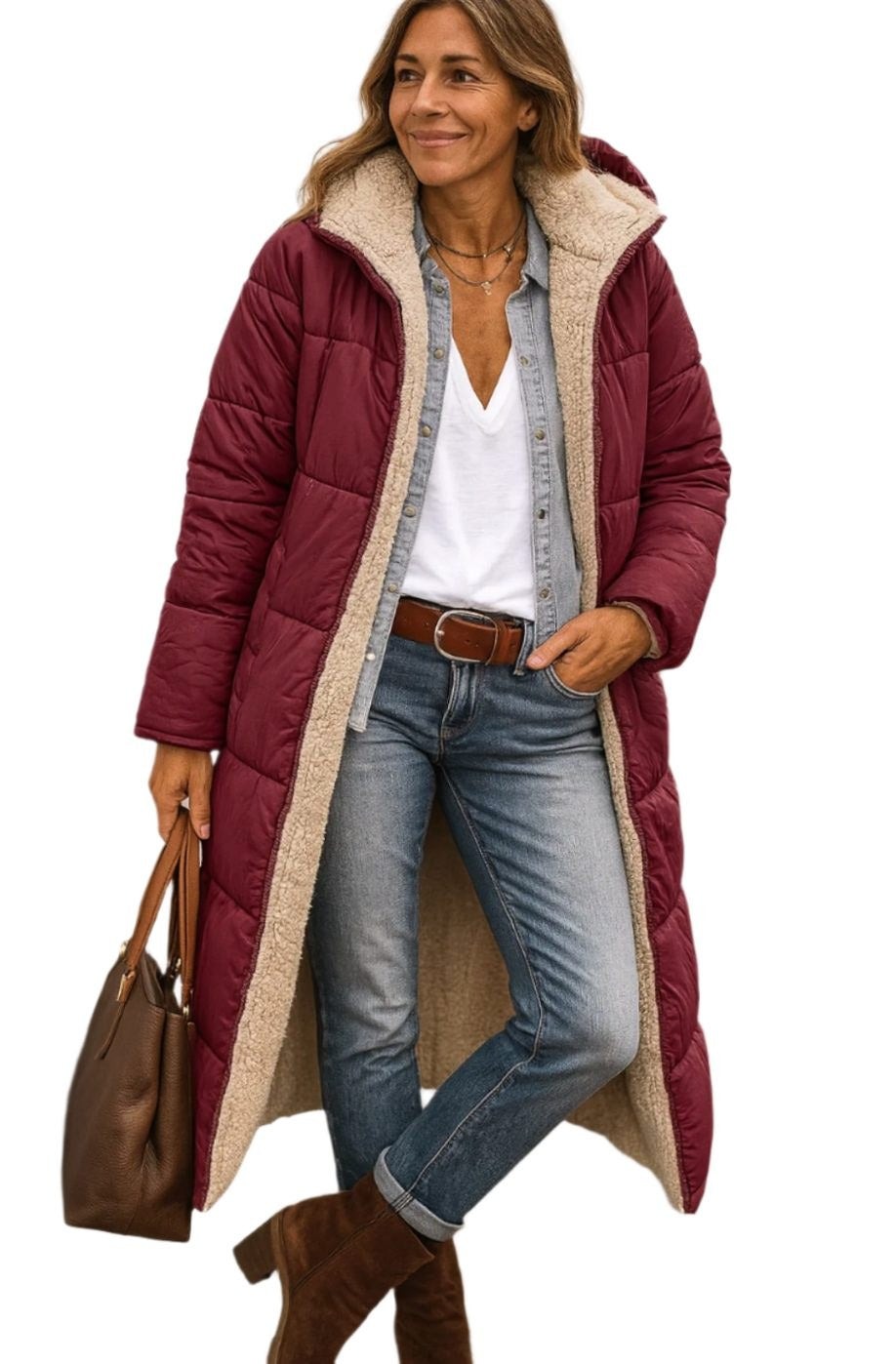 Luisa | Women's Long Hooded Padded Coat, Sherpa-Lined Winter Coat | Bella Blue | Black