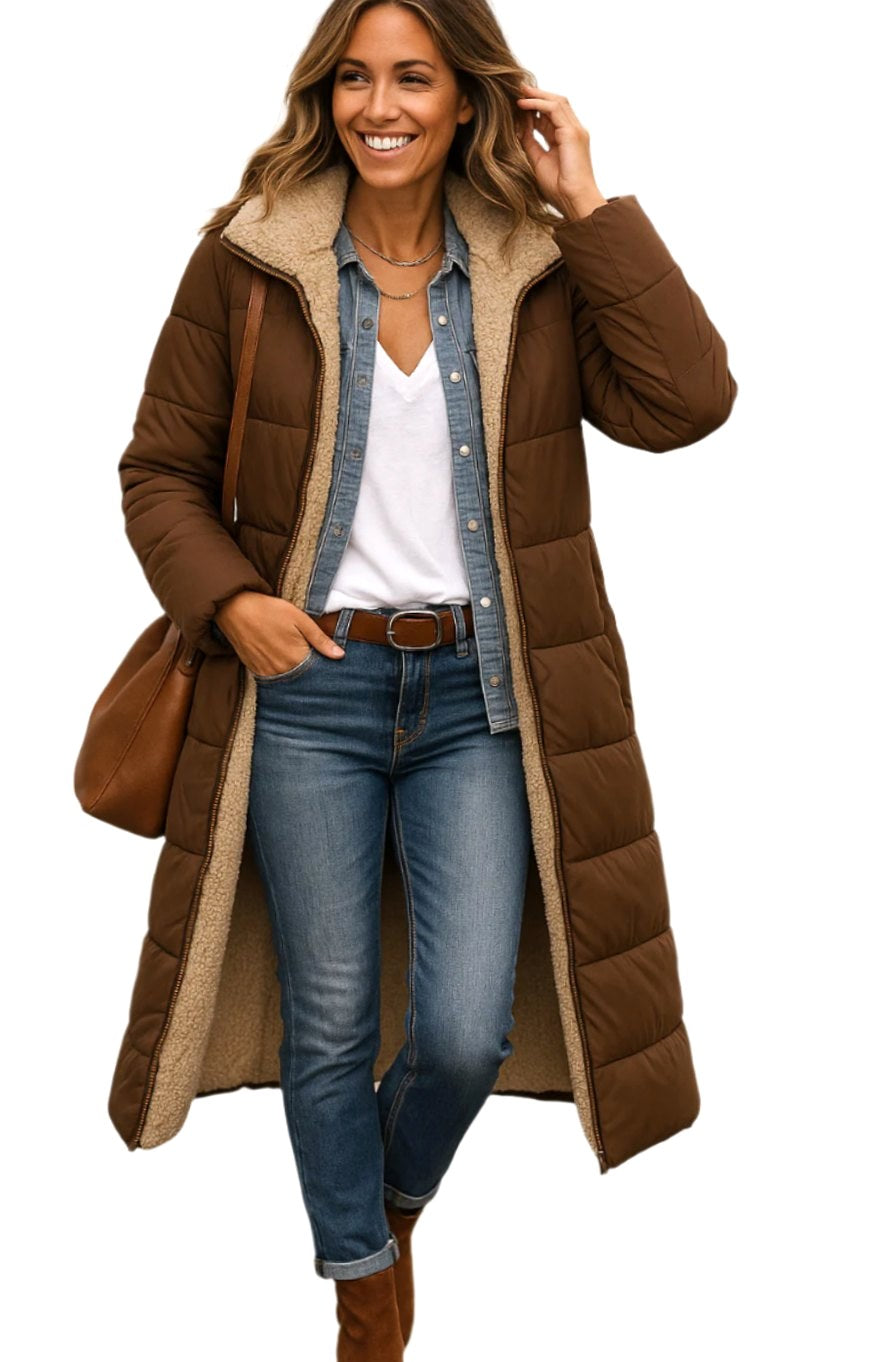 Luisa | Women's Long Hooded Padded Coat, Sherpa-Lined Winter Coat | Bella Blue | Black