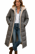 Luisa | Women's Long Hooded Padded Coat, Sherpa-Lined Winter Coat | Bella Blue | Navy Blue
