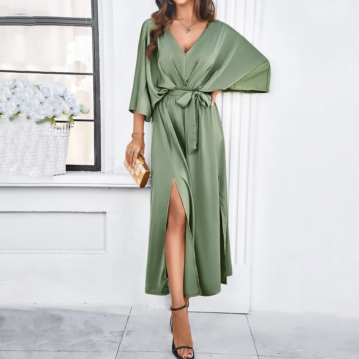 Lydia | Women's V-Neck Midi Dress, Flattering Occasion Dress | Bella Blue