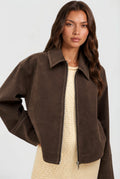 Mabel | Women's Short Suede-Effect Jacket, Brown Pointed-Collar Jacket | Bella Blue | Brown