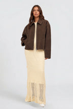 Mabel | Women's Short Suede-Effect Jacket, Brown Pointed-Collar Jacket | Bella Blue