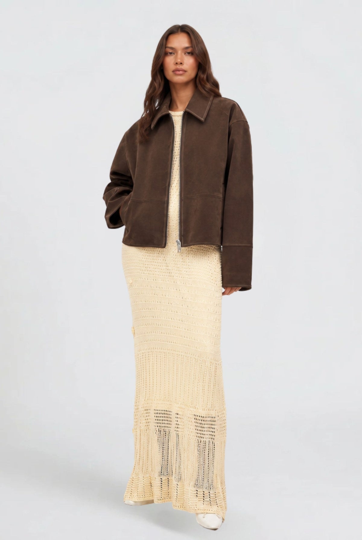 Mabel | Women's Short Suede-Effect Jacket, Brown Pointed-Collar Jacket | Bella Blue