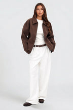 Mabel | Women's Short Suede-Effect Jacket, Brown Pointed-Collar Jacket | Bella Blue
