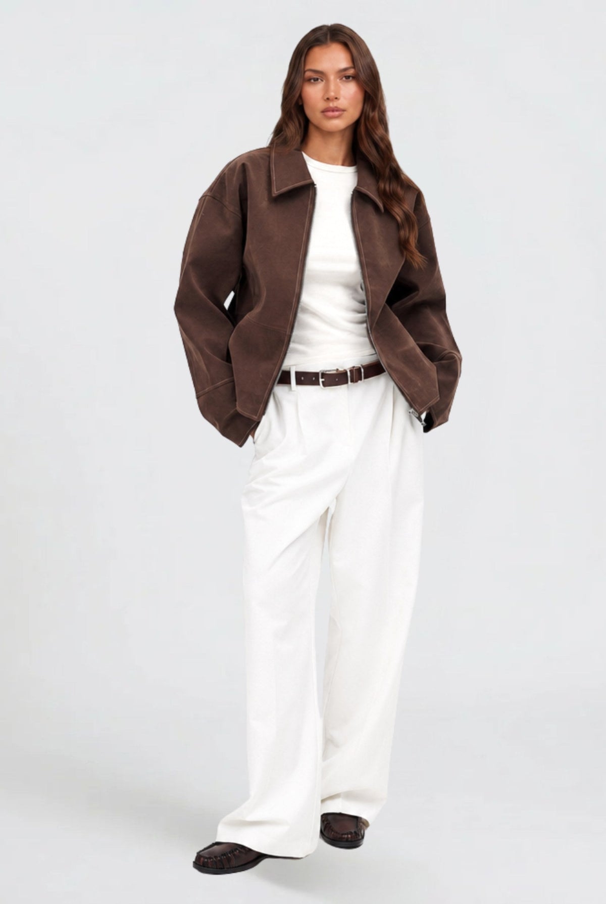 Mabel | Women's Short Suede-Effect Jacket, Brown Pointed-Collar Jacket | Bella Blue